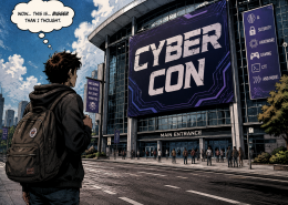 A person looks at a large conference center with a cyber con banner