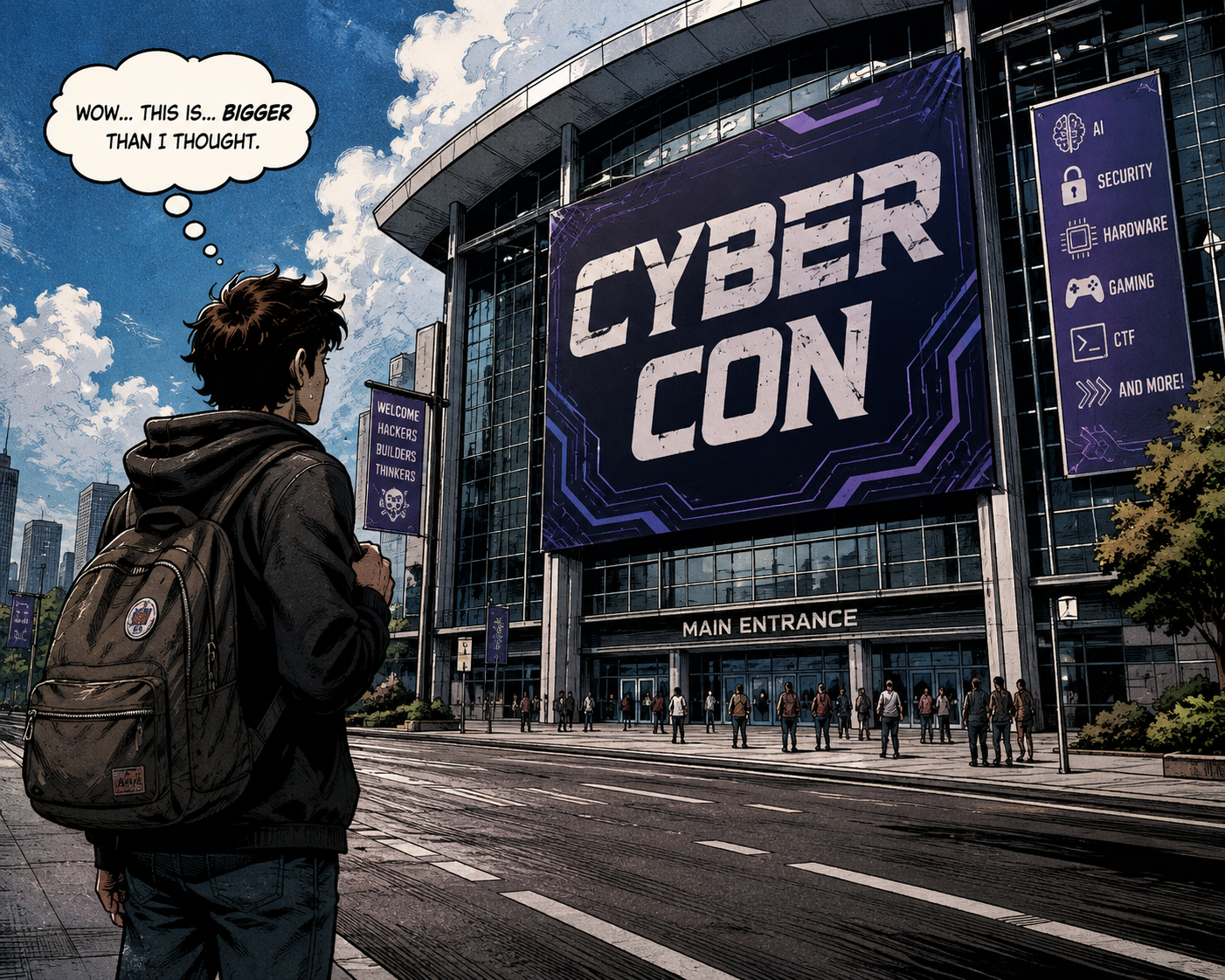 A person looks at a large conference center with a cyber con banner
