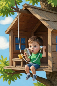 disconnectd phone Child is using a can and line telephone, realizing it's no longer connected