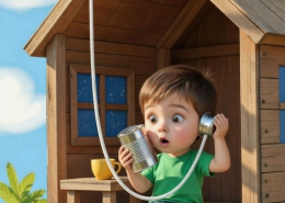 Child is using a can and line telephone, realizing it's no longer connected