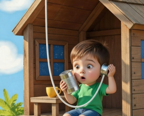 Child is using a can and line telephone, realizing it's no longer connected